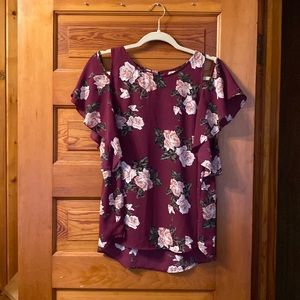Purple flower blouse with cut out off shoulder sleeves